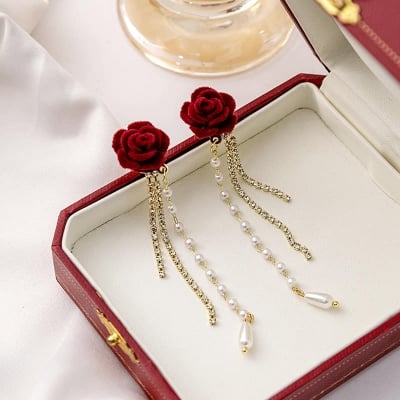 Picture of New personality fashion design zircon earrings for women - Red