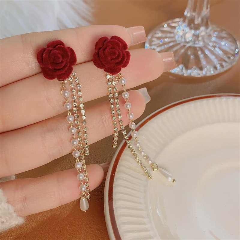 Picture of New personality fashion design zircon earrings for women - Red