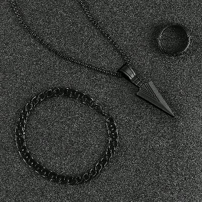 Picture of Modern Gothic-Style Stainless Steel Necklace, Bracelet & Ring Set for Bold & Fearless Men
