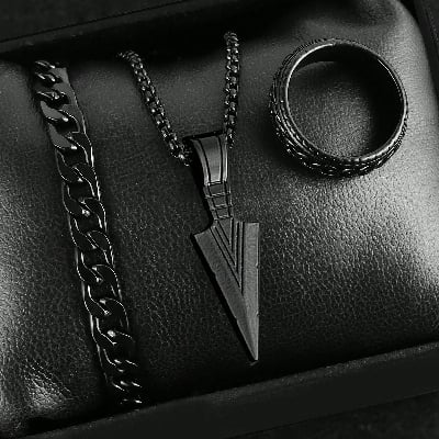 Picture of Modern Gothic-Style Stainless Steel Necklace, Bracelet & Ring Set for Bold & Fearless Men