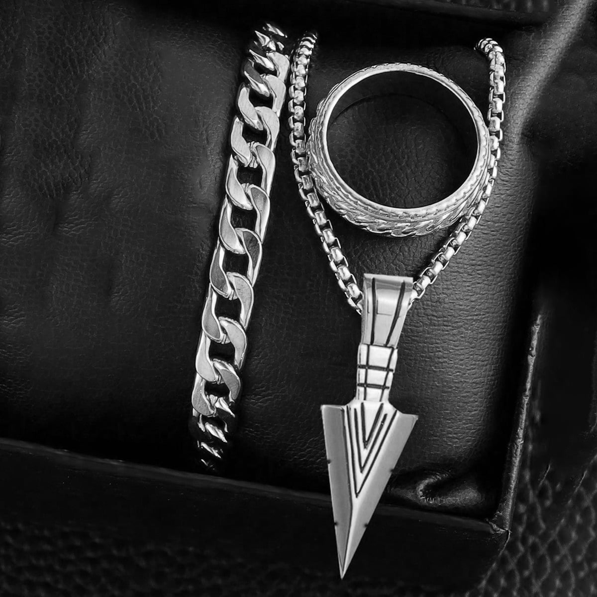 Picture of Modern Gothic-Style Stainless Steel Necklace, Bracelet & Ring Set for Bold & Fearless Men