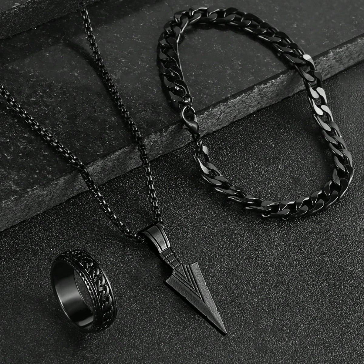 Picture of Modern Gothic-Style Stainless Steel Necklace, Bracelet & Ring Set for Bold & Fearless Men
