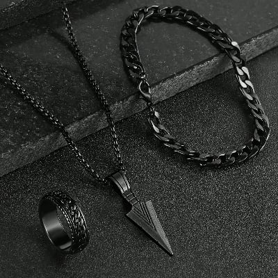 Picture of Modern Gothic-Style Stainless Steel Necklace, Bracelet & Ring Set for Bold & Fearless Men