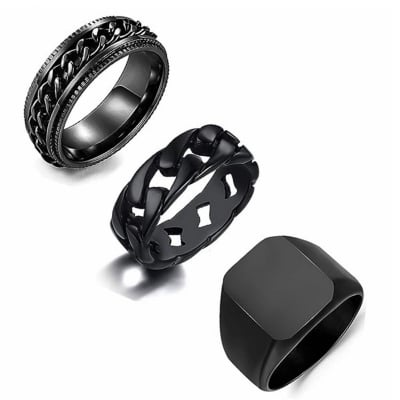 Picture of WAINIS 3 Pcs Mens Stainless Steel Black Signet Biker Rings for Men Fidget Chain Ring Cuban Link Band Ring - Black