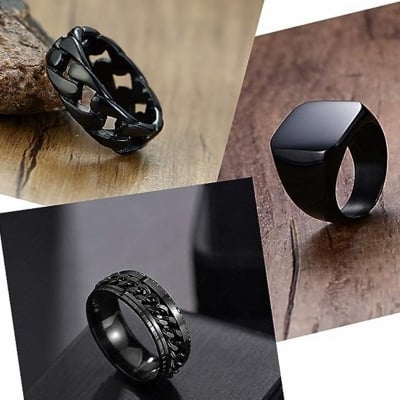 Picture of WAINIS 3 Pcs Mens Stainless Steel Black Signet Biker Rings for Men Fidget Chain Ring Cuban Link Band Ring - Black