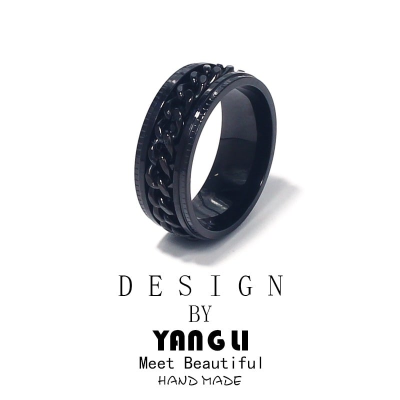 Picture of WAINIS 3 Pcs Mens Stainless Steel Black Signet Biker Rings for Men Fidget Chain Ring Cuban Link Band Ring - Black