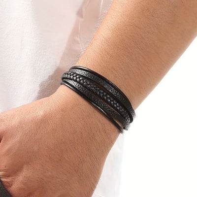 Picture of Leather Bracelet Men Wrist Band Black Link Punk Stylish Gift - Black