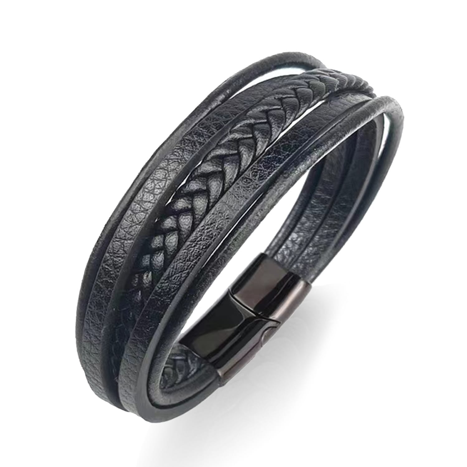 Picture of Leather Bracelet Men Wrist Band Black Link Punk Stylish Gift - Black