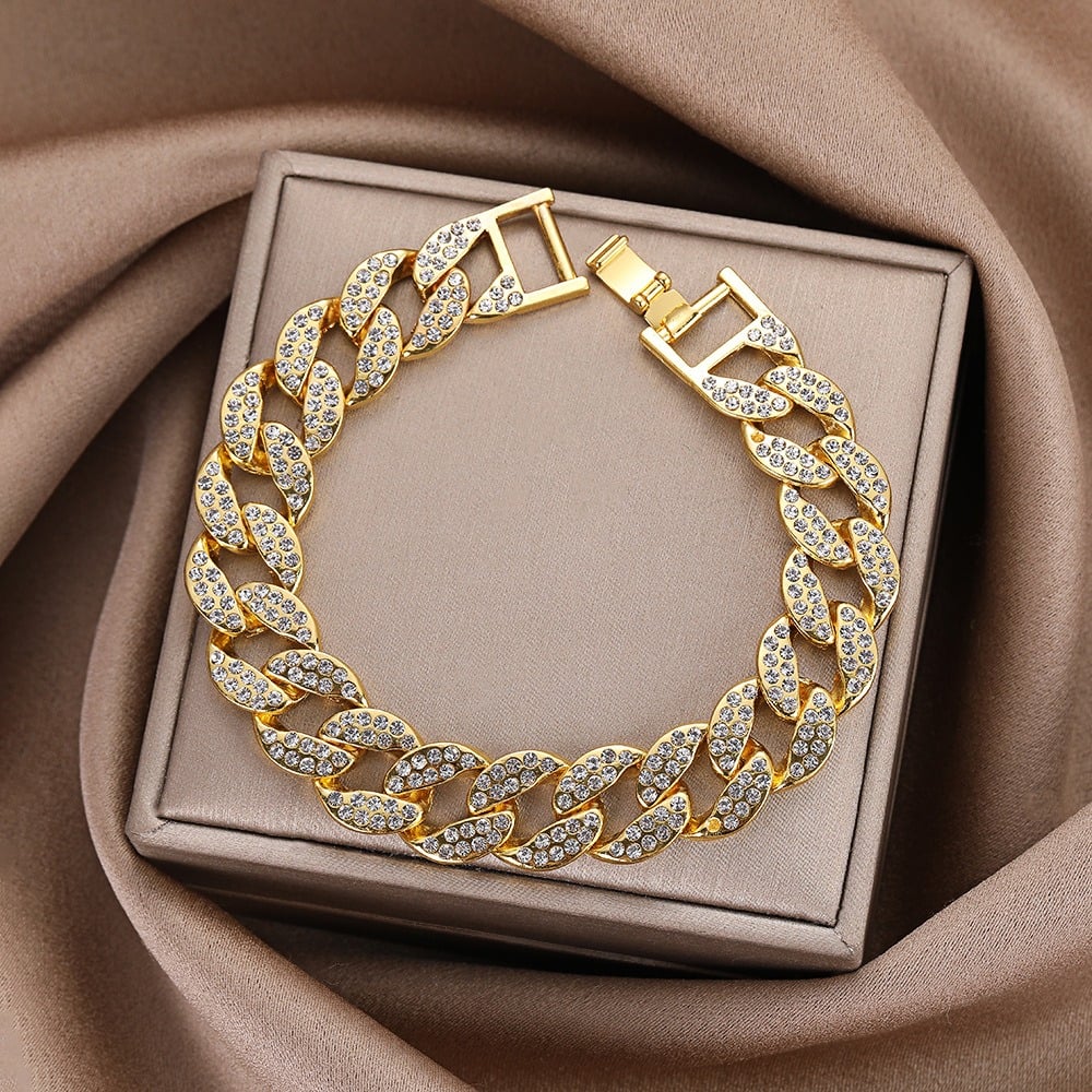 Picture of Luxury Fashion Rhinestone Bracelet Women Men Hiphop Cuban Link Bracelets Simple Design Gold Silver Color Jewelry Gifts