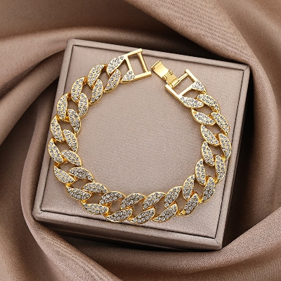 Picture of Luxury Fashion Rhinestone Bracelet Women Men Hiphop Cuban Link Bracelets Simple Design Gold Silver Color Jewelry Gifts