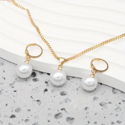 Picture of Pearl Pendant Drop Necklace Set For Women - Gold
