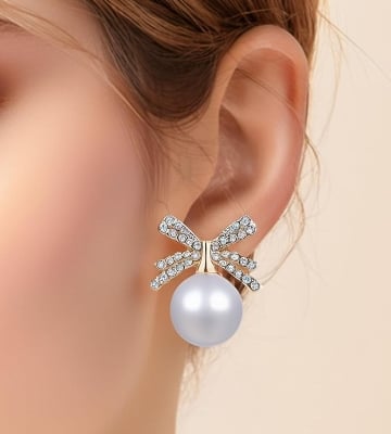 Picture of Romantic Ribbon Bow Pearl Earrings - Korean Fashion Trend - Gold