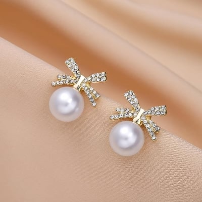 Picture of Romantic Ribbon Bow Pearl Earrings - Korean Fashion Trend - Gold