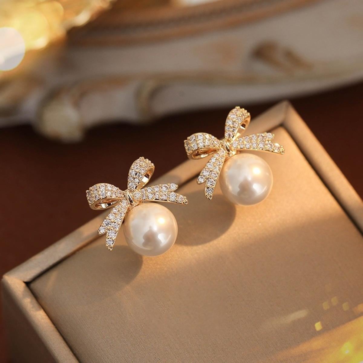 Picture of Romantic Ribbon Bow Pearl Earrings - Korean Fashion Trend - Gold