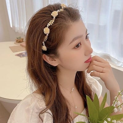 Picture of Understated -Korean Crystal Flower Pearl Headband Beads Sweet Fashion Girl Thin Hair Band Hair Accessories- Progressively Better - White