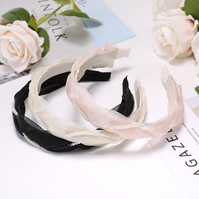 Picture of Stylish Addition - Fashion New White Pearl Pink Lace Hair Accessories Beads Headband for Women - Modern - Choice Expression - Light Pink