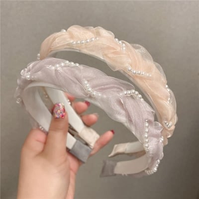 Picture of Stylish Addition - Fashion New White Pearl Pink Lace Hair Accessories Beads Headband for Women - Modern - Choice Expression - Light Pink