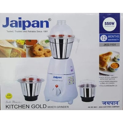 Picture of Jaipan Kitchen Gold 3 in 1 Grinder and Blender 550 Watt with 3 Mixer Jars Stainless Steel Jar & Blade White & Silver India