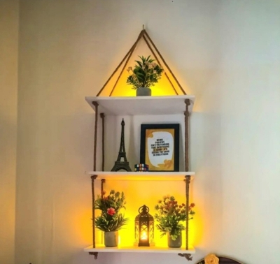 Picture of 3 Layer Wall Hanging Rope Shelf. Multifunctional Wall Shelf. Handmade Crafty Item Wall Decorative Rack For Home And Office-(White)