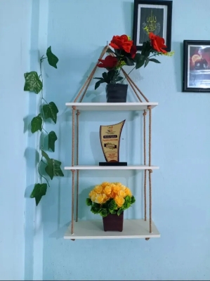 Picture of 3 Layer Wall Hanging Rope Shelf. Multifunctional Wall Shelf. Handmade Crafty Item Wall Decorative Rack For Home And Office-(White)