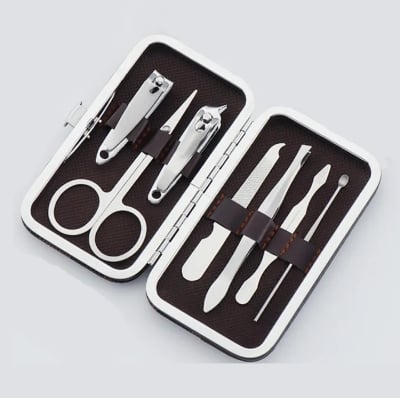Picture of Stainless Steel Nail Cutter Kit for Men & Women with Leather Bag - Travel Grooming Set for Facial, Cuticle, & Nail Care-(Silver)