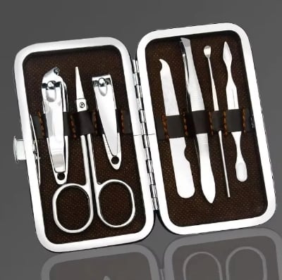 Picture of Stainless Steel Nail Cutter Kit for Men & Women with Leather Bag - Travel Grooming Set for Facial, Cuticle, & Nail Care-(Silver)