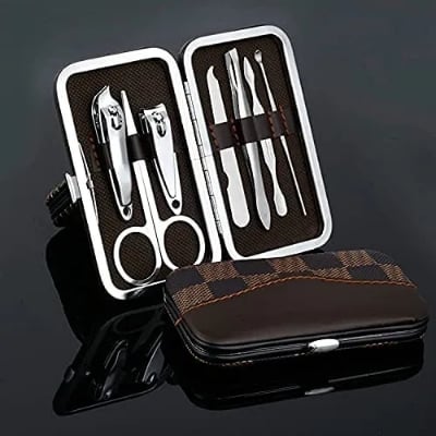 Picture of Stainless Steel Nail Cutter Kit for Men & Women with Leather Bag - Travel Grooming Set for Facial, Cuticle, & Nail Care-(Silver)
