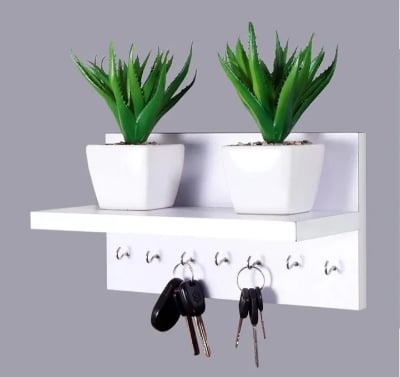 Picture of Wooden Wall Hanging Key Holder for Functional Wall Decoration and Organization-(White)