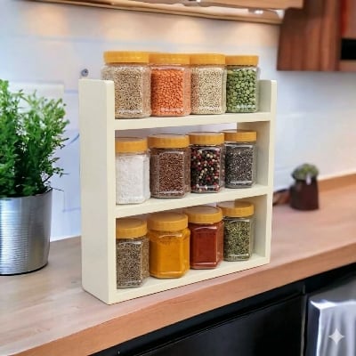 Picture of Kitchen Jar Shelf | Countertop Spice Rack Organizer | Modern Shelving, Office Organizer, Kitchen Rack pvc Shelf for Spices | Essential Oil Storage | Rustic Kitchen Decor (13x12x04)-(White)