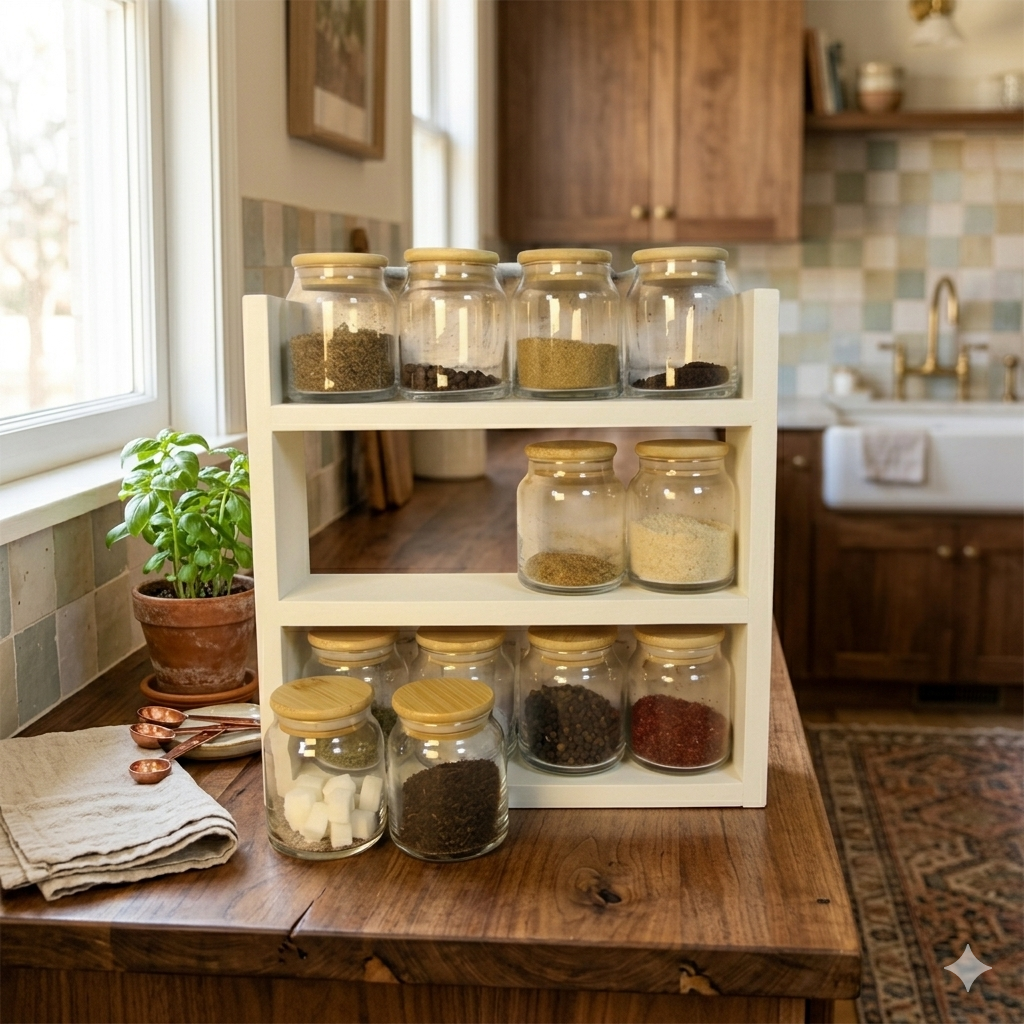 Picture of Kitchen Jar Shelf | Countertop Spice Rack Organizer | Modern Shelving, Office Organizer, Kitchen Rack pvc Shelf for Spices | Essential Oil Storage | Rustic Kitchen Decor (13x12x04)-(White)