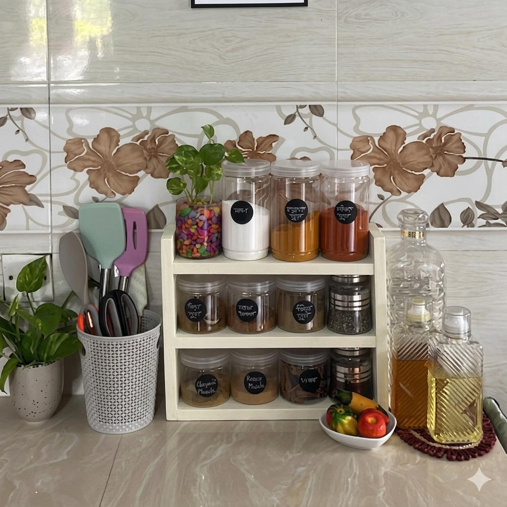 Picture of Kitchen Jar Shelf | Countertop Spice Rack Organizer | Modern Shelving, Office Organizer, Kitchen Rack pvc Shelf for Spices | Essential Oil Storage | Rustic Kitchen Decor (13x12x04)-(White)