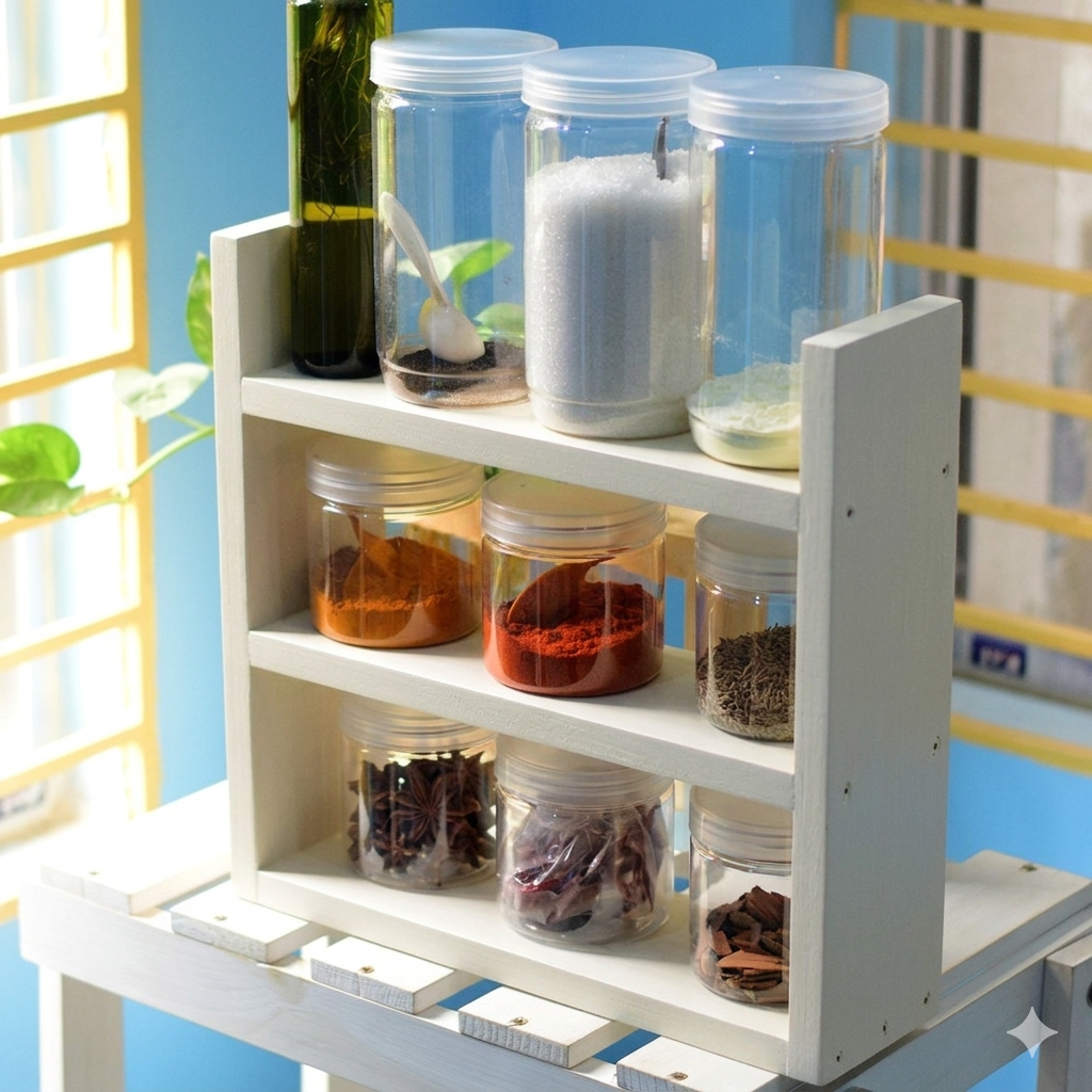 Picture of Kitchen Jar Shelf | Countertop Spice Rack Organizer | Modern Shelving, Office Organizer, Kitchen Rack pvc Shelf for Spices | Essential Oil Storage | Rustic Kitchen Decor (13x12x04)-(White)