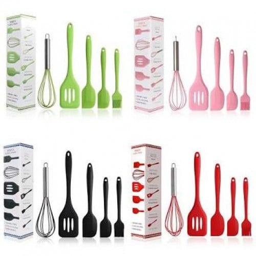Picture of 5Pcs Silicone Cooking Utensils Sets Egg Beater Spoon Spatula Oil Brush Kitchenware Kit Kitchen Tools Accessories-(Grey)