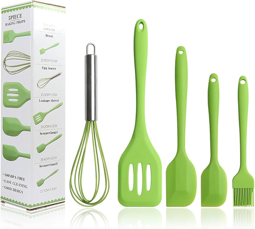 Picture of 5Pcs Silicone Cooking Utensils Sets Egg Beater Spoon Spatula Oil Brush Kitchenware Kit Kitchen Tools Accessories-(Grey)