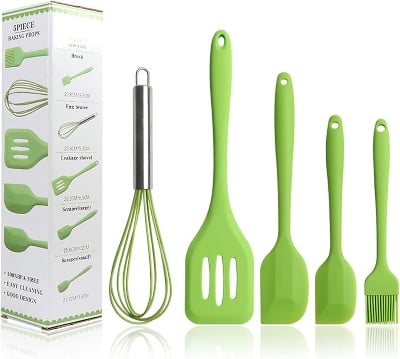 Picture of 5Pcs Silicone Cooking Utensils Sets Egg Beater Spoon Spatula Oil Brush Kitchenware Kit Kitchen Tools Accessories-(Grey)
