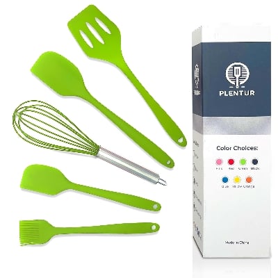Picture of 5Pcs Silicone Cooking Utensils Sets Egg Beater Spoon Spatula Oil Brush Kitchenware Kit Kitchen Tools Accessories-(Grey)
