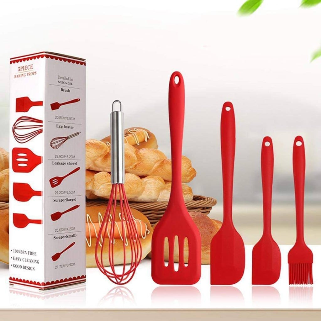 Picture of 5Pcs Silicone Cooking Utensils Sets Egg Beater Spoon Spatula Oil Brush Kitchenware Kit Kitchen Tools Accessories-(Grey)