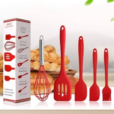Picture of 5Pcs Silicone Cooking Utensils Sets Egg Beater Spoon Spatula Oil Brush Kitchenware Kit Kitchen Tools Accessories-(Grey)
