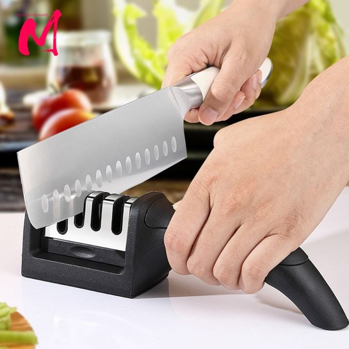 Picture of Kitchen 3-Segment Knife Sharpener Household Multi-Functional Hand-Held 3-Purpose Black & Silver Sharpening Stone-(Multicolor)