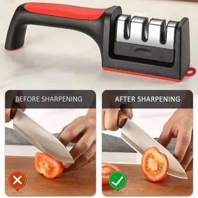 Picture of Kitchen 3-Segment Knife Sharpener Household Multi-Functional Hand-Held 3-Purpose Black & Silver Sharpening Stone-(Multicolor)