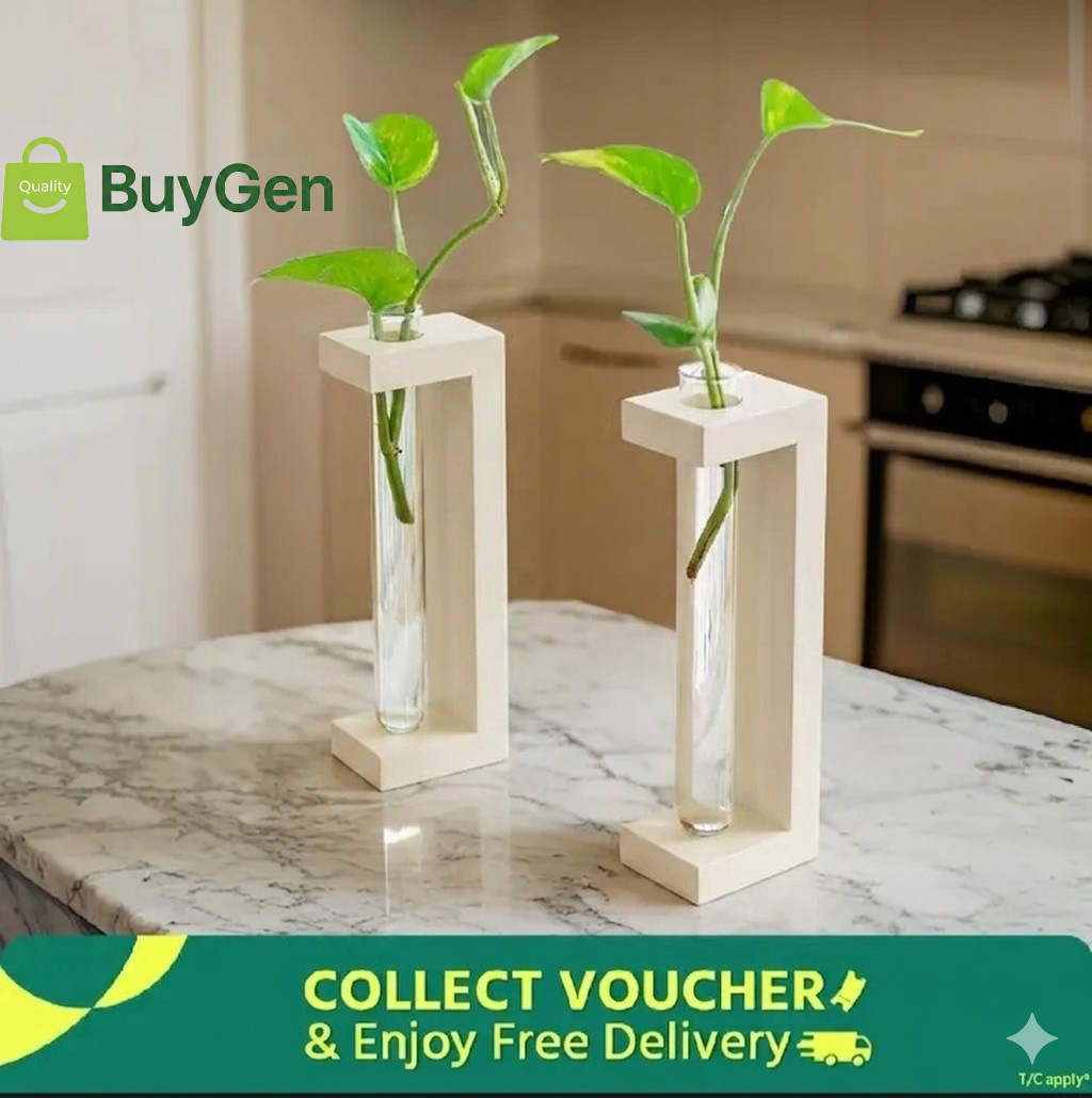 Picture of 2 Pieces PVC Plant Holder with Glass Test Tube | Minimal Home Decoration Stand Modern Desk & Table Decor (No Plant)-(Off White)