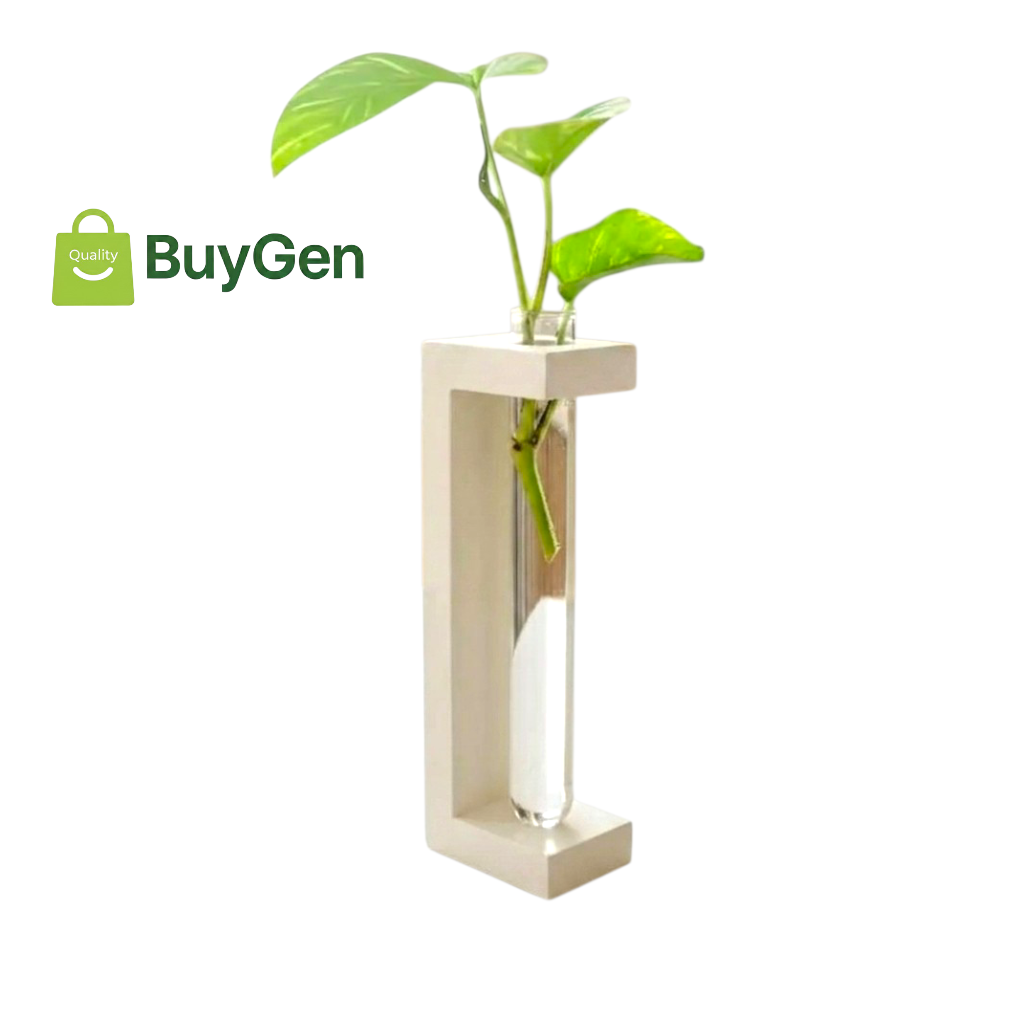 Picture of 2 Pieces PVC Plant Holder with Glass Test Tube | Minimal Home Decoration Stand Modern Desk & Table Decor (No Plant)-(Off White)