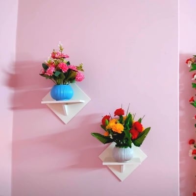 Picture of Square Shape Wall Shelf without Flower. Self-Adhesive Punch Free Wall Decor (2 Pcs Stand) Waterproof Premium Quality White Colour-(Off White)