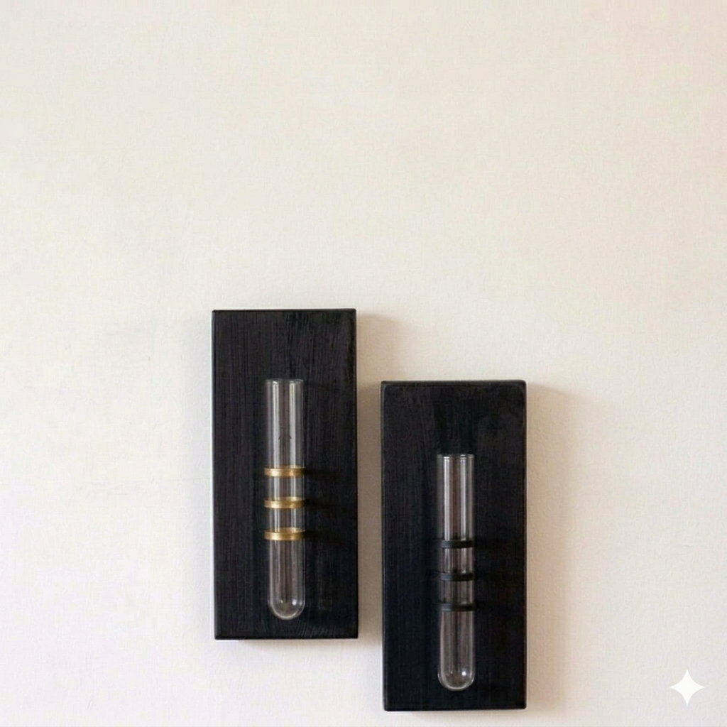 Picture of Modern Wall-Mounted Glass Test Tube Flower Vase with Wooden Base – Minimalist Home & Office Decor (Set of 2)-(Black)