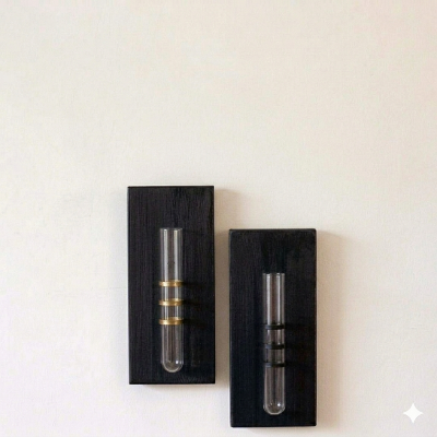 Picture of Modern Wall-Mounted Glass Test Tube Flower Vase with Wooden Base – Minimalist Home & Office Decor (Set of 2)-(Black)