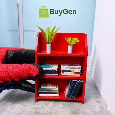 Picture of ​3-Layer Miniature Book Shelf (White/Red) with 20 Mini Books & 2 Flower Pots - PVC Board Handmade Desk Decor