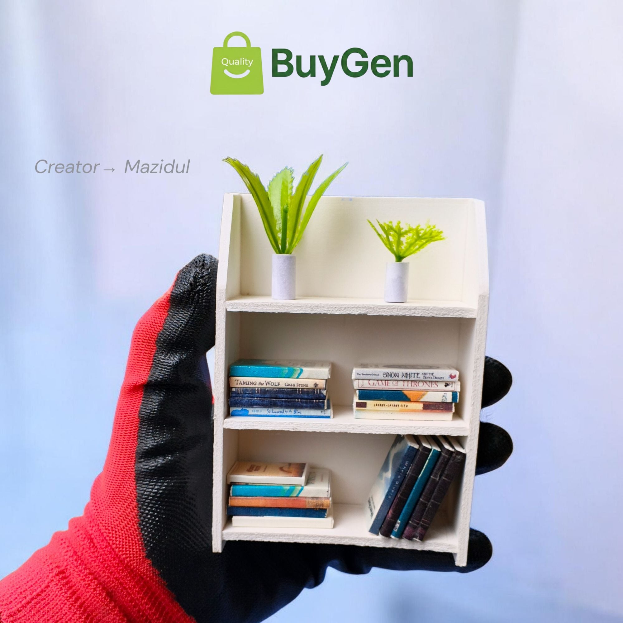 Picture of ​3-Layer Miniature Book Shelf (White/Red) with 20 Mini Books & 2 Flower Pots - PVC Board Handmade Desk Decor