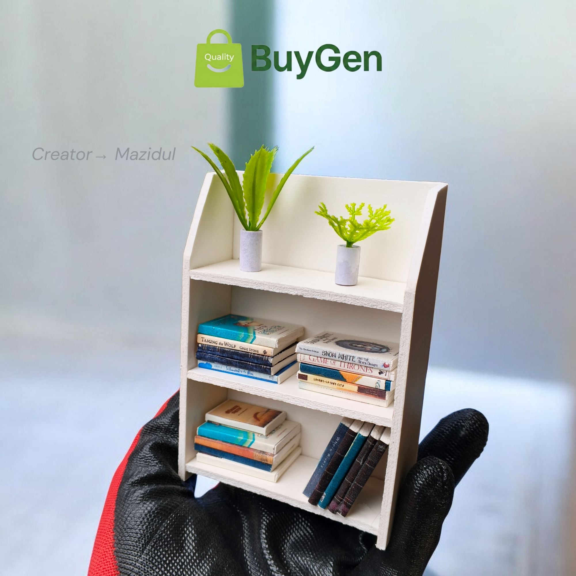 Picture of ​3-Layer Miniature Book Shelf (White/Red) with 20 Mini Books & 2 Flower Pots - PVC Board Handmade Desk Decor