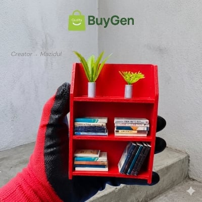 Picture of ​3-Layer Miniature Book Shelf (White/Red) with 20 Mini Books & 2 Flower Pots - PVC Board Handmade Desk Decor