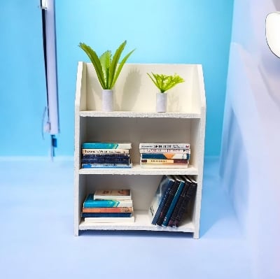 Picture of ​3-Layer Miniature Book Shelf (White/Red) with 20 Mini Books & 2 Flower Pots - PVC Board Handmade Desk Decor